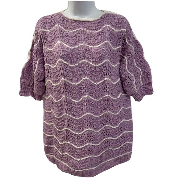 Womens M L Hand Knit Handmade Purple Short Sleeve Sweater Grannycore Cottage - Picture 2 of 12